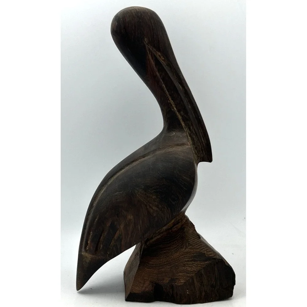 Vintage Wood Hand Carved Wooden Pelican Exotic Hard Iron‎ Statue 9